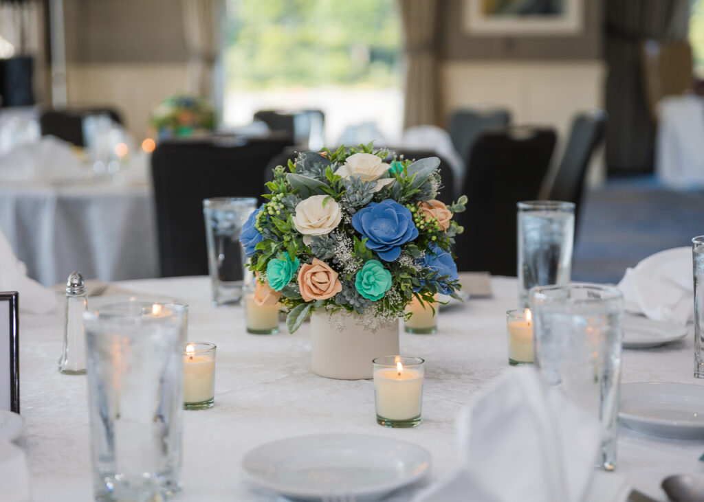 Flower arrangements on a wedding table